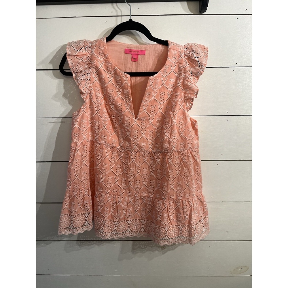 Lilly Pulitzer Women's 4 Keila Eyelet Top Peach Coral Pink Flutter Sleeve Lace
